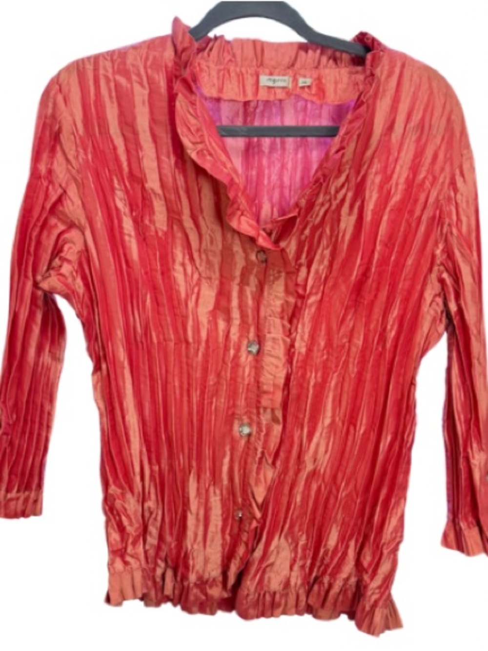 Agora Iridescent Coral Crinkle Jewel Button Up Blouse Whimsical Fairy Grannycore